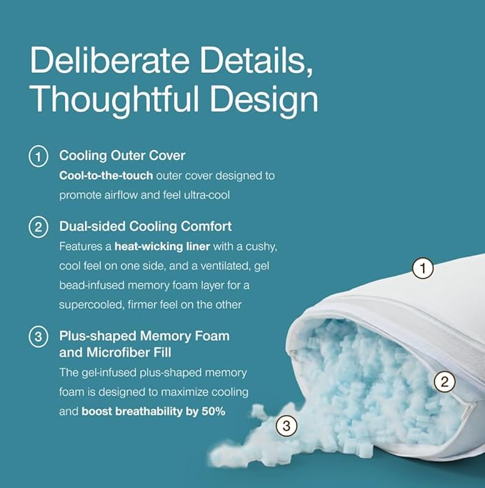 Coop Home Goods Cool+ Crescent Adjustable Pillow, King Size Plus Shaped Memory Foam Pillows with Cooling Gel, Neck Support, Back or Side Sleeper Pillow, CertiPUR US/GREENGUARD Gold