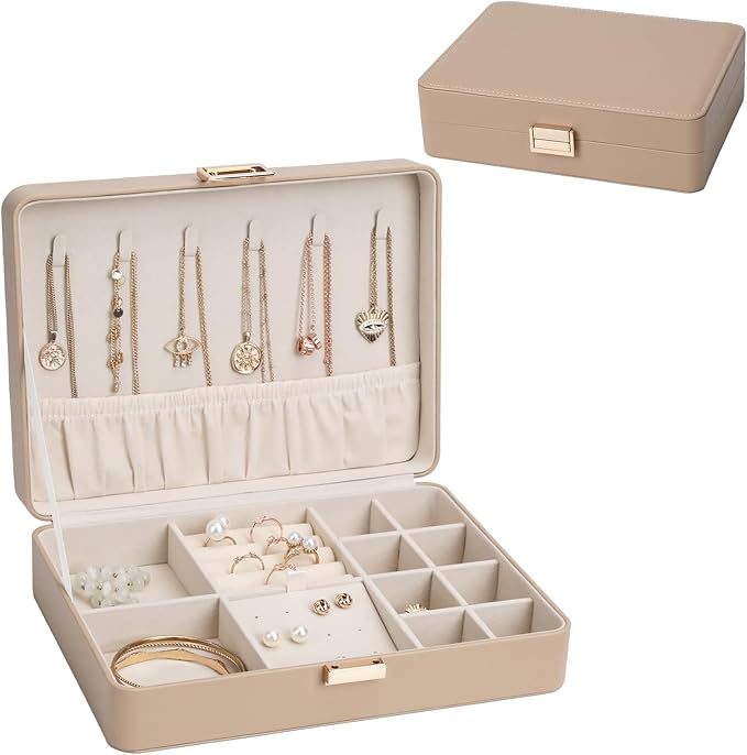 Leather Jewelry Box Elegant Small Jewelry Chest for Women Gift Box for Necklace, Ring, Earring Storage Portable Design for Travel & Home Use Apricot