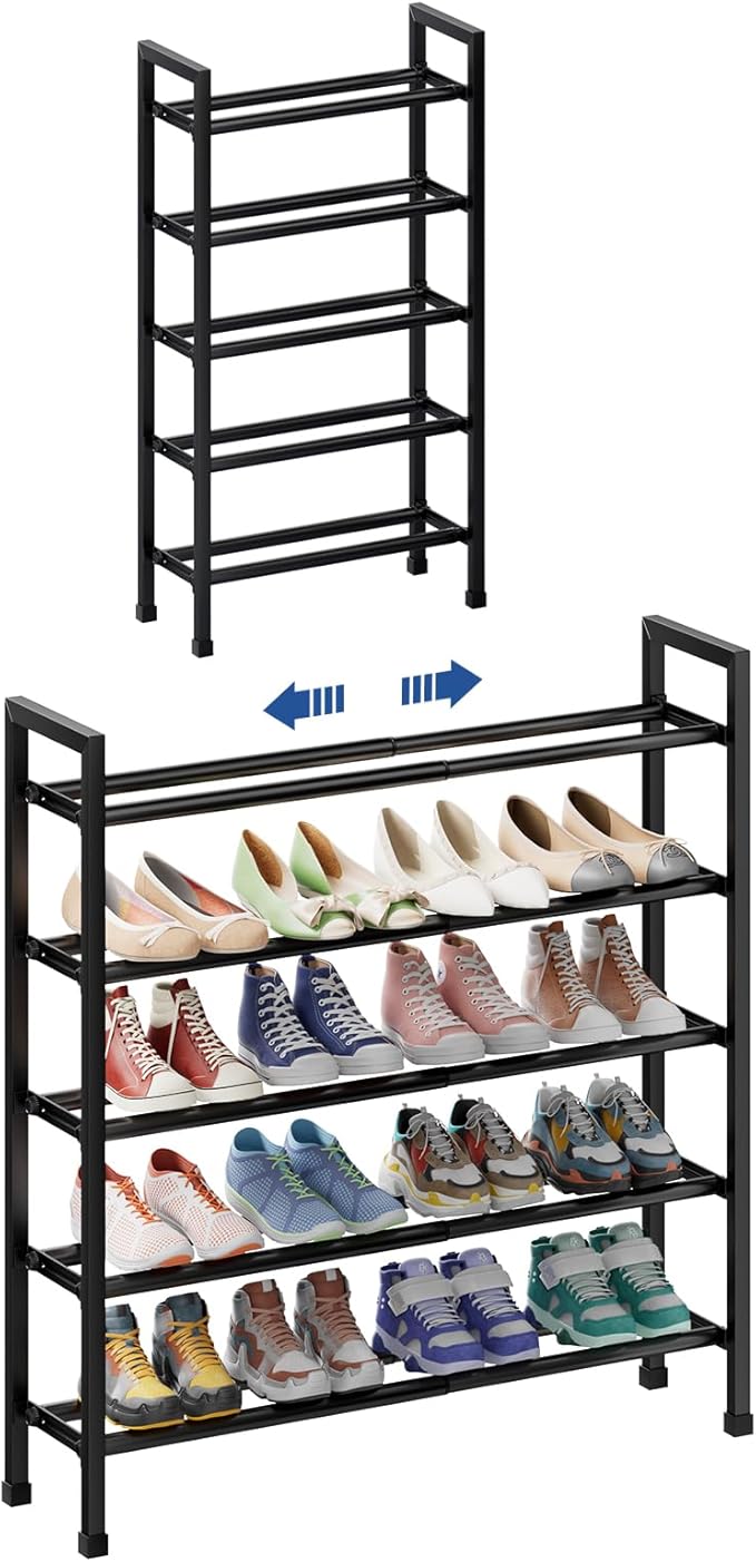 Abiglifty 5-Tier Expandable Shoe Rack,17"-33" Adjustable Shoe Rack for Closet,Metal Shoes Shelves for Front Door Entrance, Garage & Corridor, Free Standing Shoe Holders, Easy to Assemble,Black