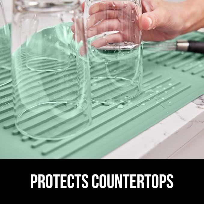 GORILLA GRIP 100% BPA-Free Patented Silicone Dish Drying Mat for Kitchen Counter, Water Catching Ribbed Design, Easy Clean Waterproof Sink Liner, Heat Resistant, Fits Under Rack, 11x13 Inch, Mint