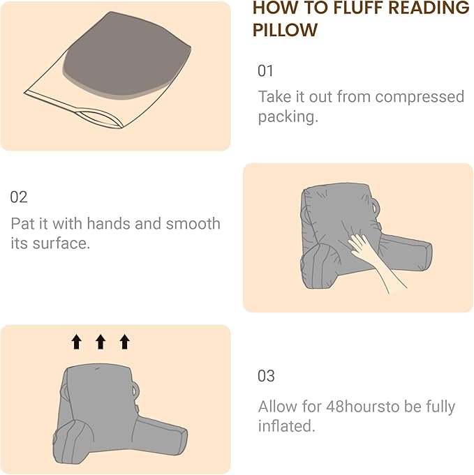 Portable Comfy Reading Pillows for Bed Sitting Up(Grey Oeko-Tex), Velvet Back Pillow with Arms & Pockets for Adults, Support Memory Foam Bed Pillow for Dorm/Reading/Watching/Gaming
