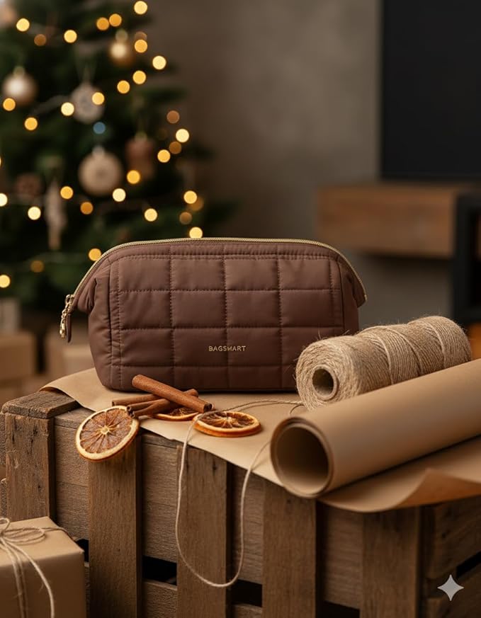 BAGSMART Makeup Bag Travel Toiletry Bag, Puffy Padded Makeup Bags for Women Makeup Organizer Case, Wide-open Pouch Purse Travel Essentials Toiletries Accessories Brushes, Chocolate