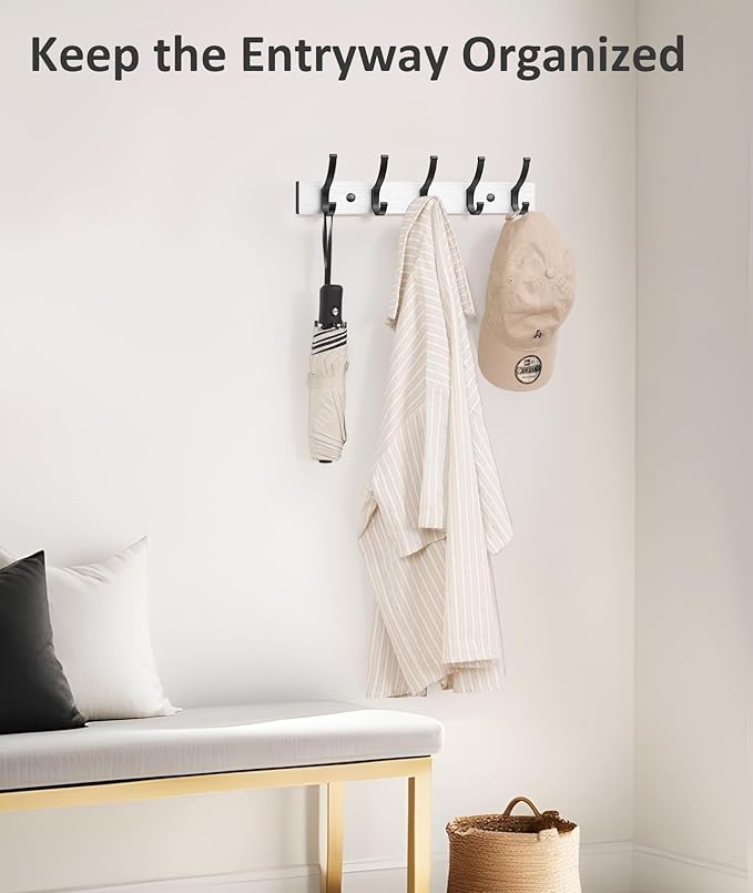 Coat Rack Wall Mount, 16.5 Inches Wood Coat Hooks Wall Mount, Wall Coat Rack with 5 Hooks, Hat Rack Wall Hooks for Hanging Coat, Bag, Towel (2Pack, White)