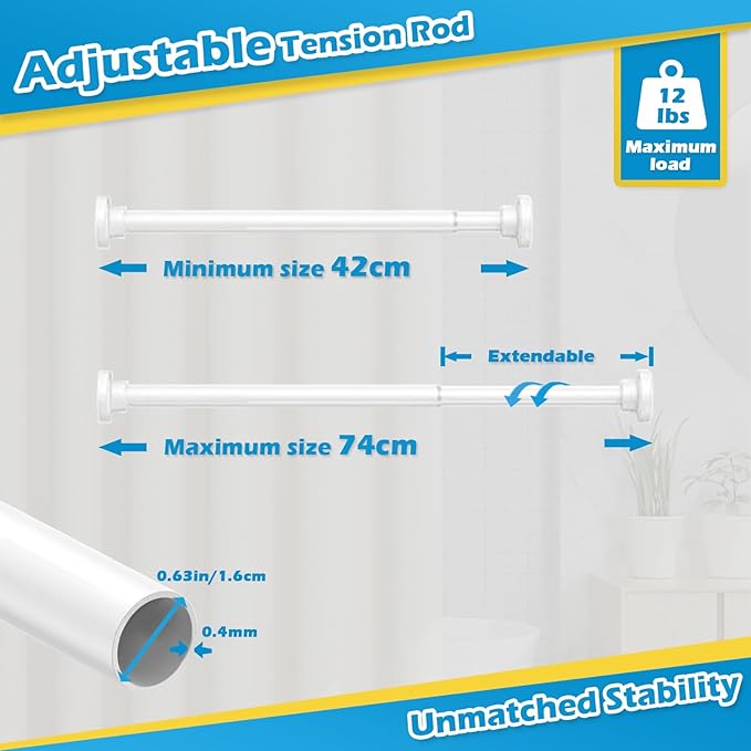Tension Rod 18 to 28 Inch Spring Loaded Curtain Rods No Drilling Adjustable Short Spring Tension Rods White Expandable Pressure Curtain Rod for Closet, Cupboard, Window, Wardrobe