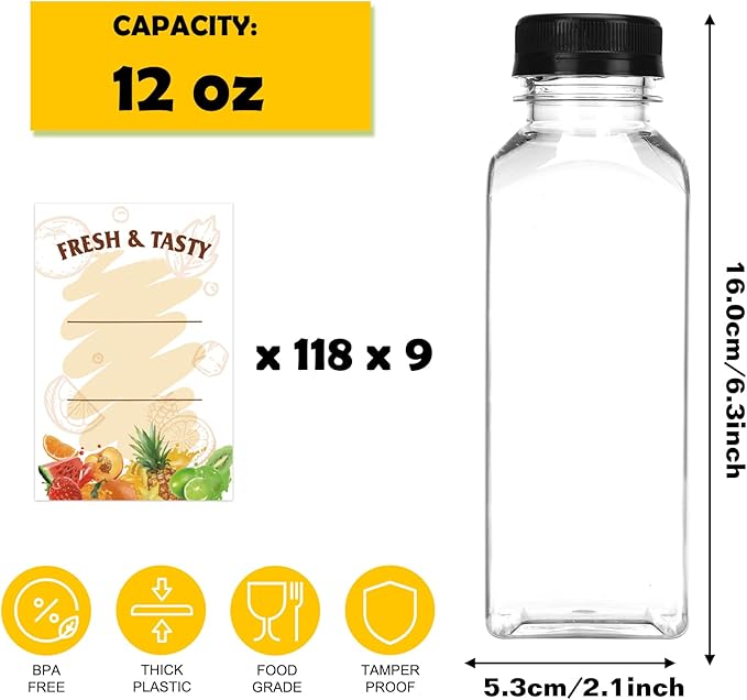 BAKHUK BAKHUK1062pcs 12oz Empty Plastic Juice Bottles with Caps, Plastic Water Bottles with lids, Reusable Clear Bulk Beverage Containers for Juice, Milk and Other Beverages