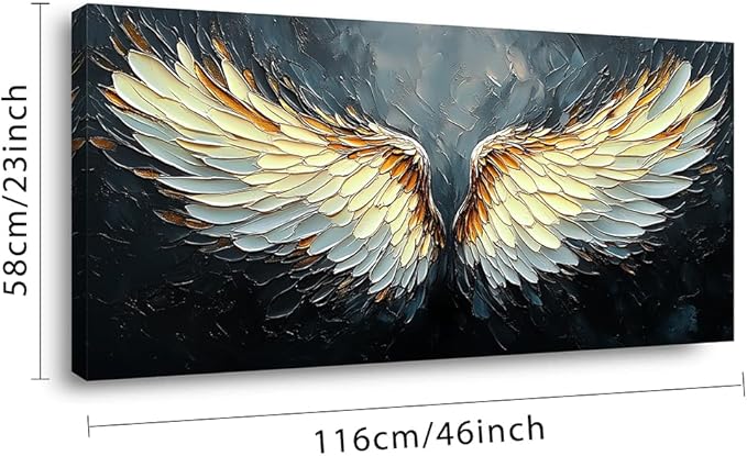 ZESTRILIA Angel Wings Wall Art for Girls Room Gold Gray Canvas Oil Painting Prints Modern Abstract Fantasy Anime Artwork Living Bedroom Office Decor Large (46x23 Inches)