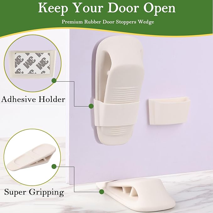 Fursafe&Q Rubber Door Stoppers for Bottom of Door, Door Stop Wedge with Holder, Heavy Duty Doorstops 4 Pack, Wall Protector for Home & Office & School & Commercial Doorstop Keep Open Stack White