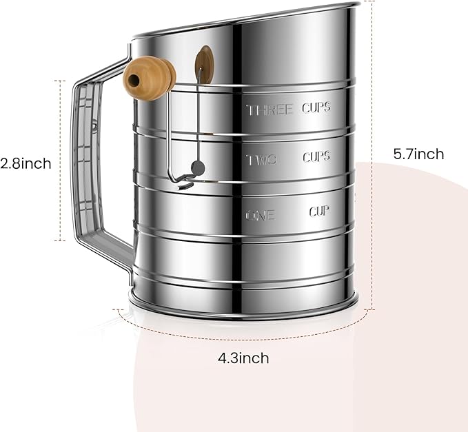Flour Sifter for Baking, Stainless Steel 3 Cup Flour Sifter with Rotary Hand Crank, Fine Mesh and Agitator Flour Duster, Esvopa