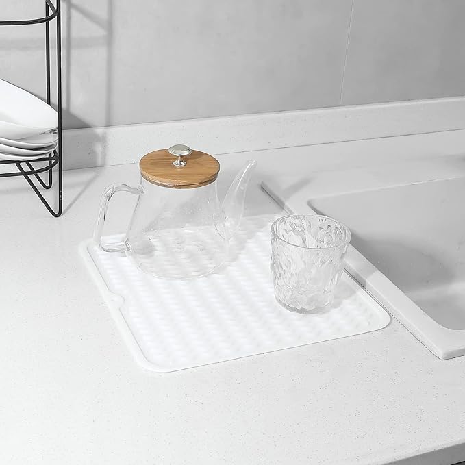 MicoYang Silicone Dish Drying Mat for Multiple Usage,Easy clean,Eco-friendly,Heat-resistant Silicone Mat for Kitchen Counter or Sink,Refrigerator or Drawer liner White M 12 inches x 12 inches