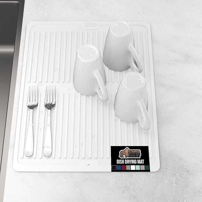 GORILLA GRIP 100% BPA-Free Patented Silicone Dish Drying Mat for Kitchen Counter, Water Catching Ribbed Design, Easy Clean Waterproof Sink Liner, Heat Resistant, Fits Under Rack, 12x16 Inch, White