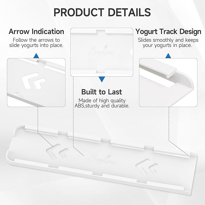 SOPHICO Yogurt Organizer for Fridge, 4 Capacity Sliders for Refrigerator, Holder with Adhesive Tapes for 3.75 Inch Yogurt, Greek and Vegan (White,1 Pack)