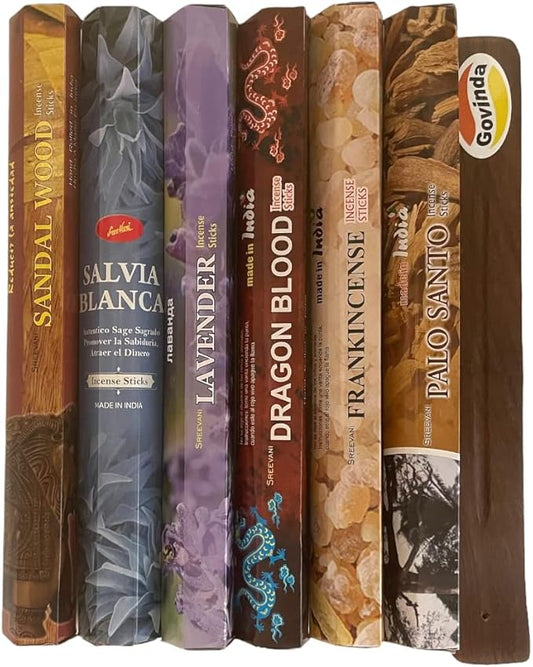 Sreevani Incense Sticks Variety Pack #4 and Incense Stick Holder Bundle Gift Set with 6 Most Popular Fragrances