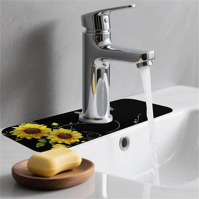Kitchen Sink Splash Guard，sunflowers-and bees- Faucet Mat Sink Gadgets-Super Absorbent Fast Drying Mat Drip Catcher for Kitchen, Bathroom,Sink Mat, Dish Drying Mat, Bathroom(15" X 5.5" )