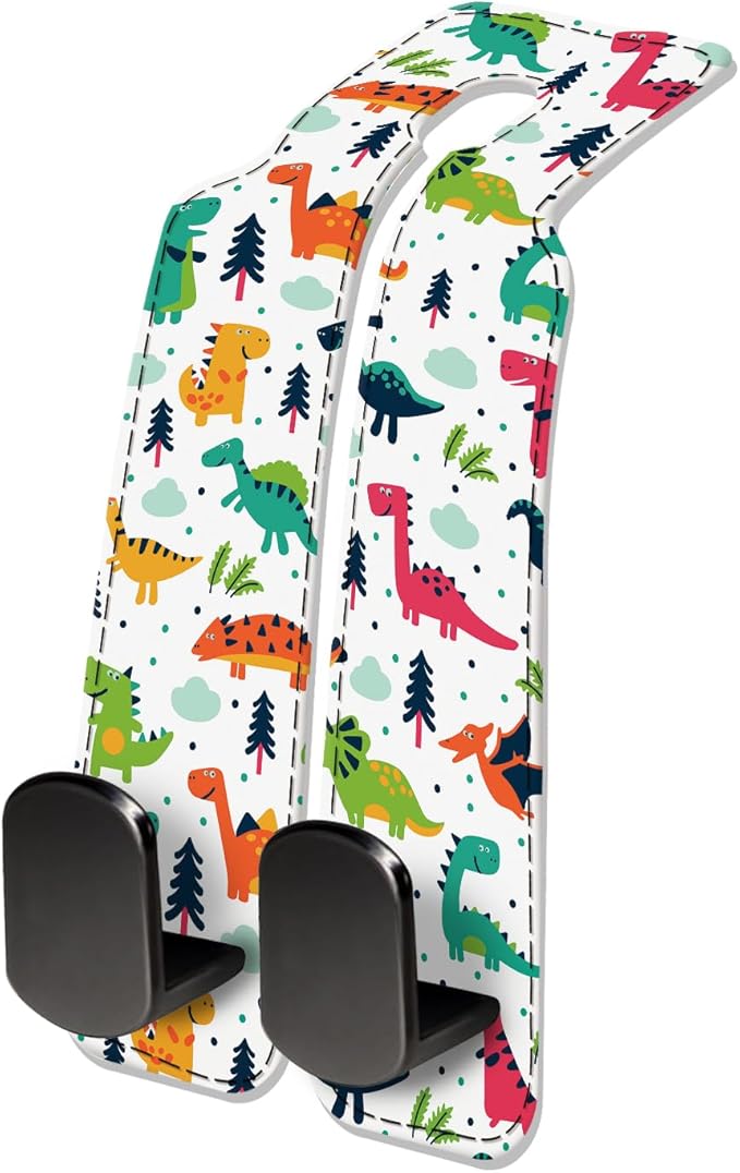 NUGGHU Car Seat Headrest Hook, Universal Leather Cute Hanger Holder Hook, Storage Organizer Interior Accessories for Purse Bags Handbag Colorful Cute Dinosaurs