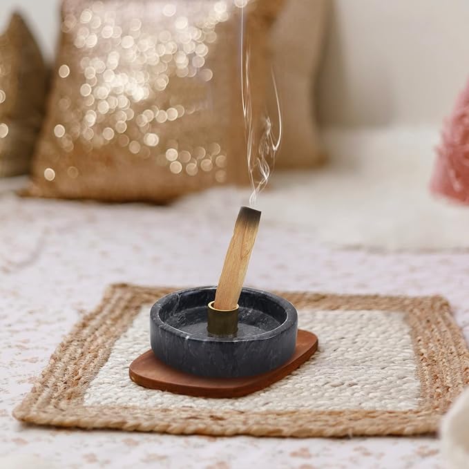 Natural Marble Palo Santo Holder,Incense Burner for Palo Santo Sticks, Handmade Stick Incense Holder Ideal for Smudging, Incense Burning, Decoration.Easily Grab All Incense Ash (Black)