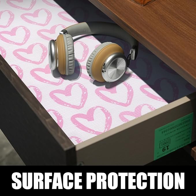 Heart Drawer Liner for Cabinets 16IN x 20FT, Shelf Liner Non-Adhesive and Strong Non-Slip Cabinet Drawer Liners for Kitchen, Table, Bookshelves, Waterproof Cupboard Liners, Pink