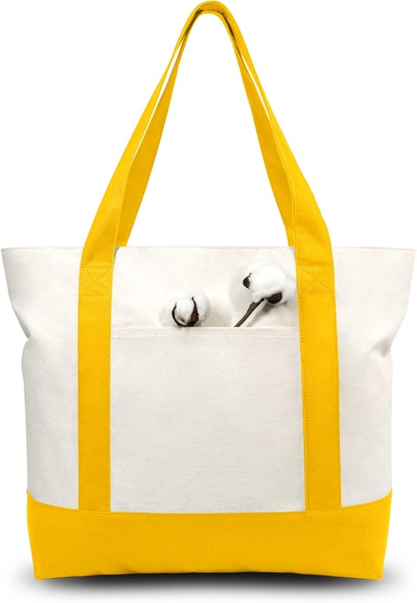 TOPDesign 3-Pack Canvas Tote Bags with an External Pocket, Reusable Grocery Shopping Bags, Top Zipper Closure, Daily Essentials (Yellow/Natural)