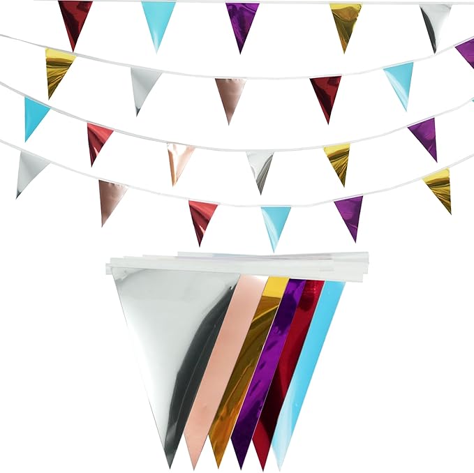 48 Small Flags Metallic Pennant Banner Flags with 6 Colors for Birthday Party Decorations/Classroom/School 9.8ft Long (Colorful)