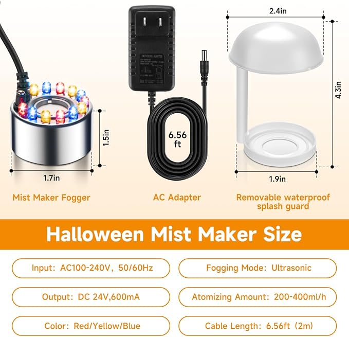 Halloween Mist Maker, Water Fountain Pond Mini Fog Machine Atomizer Air Humidifier, Ultrasonic Mist Maker Fogger Indoor Fountain, Mister Fogger with 12 LED Light and Waterproof Splash Guard