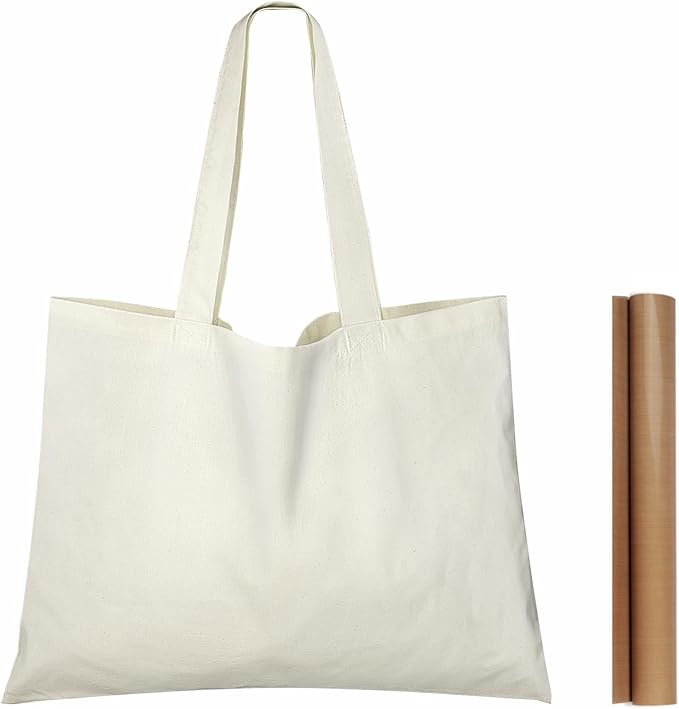 NPBAG 5 Pack 20'' X 16'' Large Natural Cotton Tote Bags, Lightweight Blank Bulk Cloth Bags with 1pc of PTFE Teflon Sheet