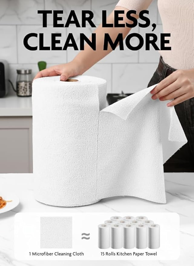 Fantasticlean Microfiber Cleaning Cloth Roll - 150 Pack, Tear Away Microfiber Towels, 12" x 12", Reusable, Washable, Ultra Absorbent Dishcloth for All-Around Cleaning Supplies (White & Dim Grey)