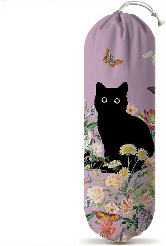 Plastic Bag Holder, Grocery Bag Organizer Storage, Kitchen Dispenser Holders Reusable Shopping with Free Adjustment Drawstring Closure for Home Kitchen Decor, Flower Cat