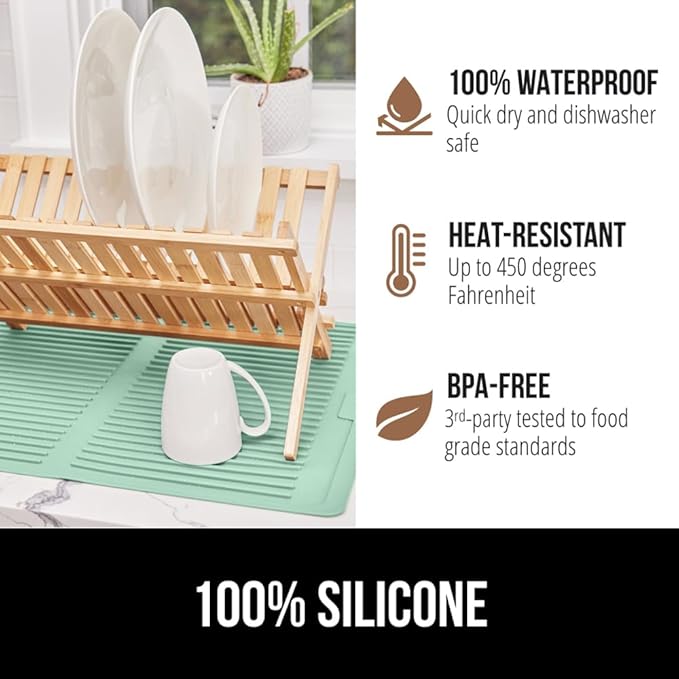 GORILLA GRIP 100% BPA-Free Patented Silicone Dish Drying Mat for Kitchen Counter, Water Catching Ribbed Design, Easy Clean Waterproof Sink Liner, Heat Resistant, Fits Under Rack, 11x13 Inch, Mint