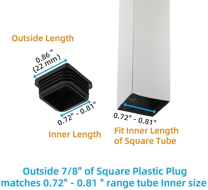 7/8" Square Tube End Cap Plastic Plugs Chair End Caps 0.86 Inch (22mm), 7/8 X 7/8 Tubing Plugs Furniture Sliders Glides Black (Fit 0.72-0.81" Square Tube Inner Size, 40pack)