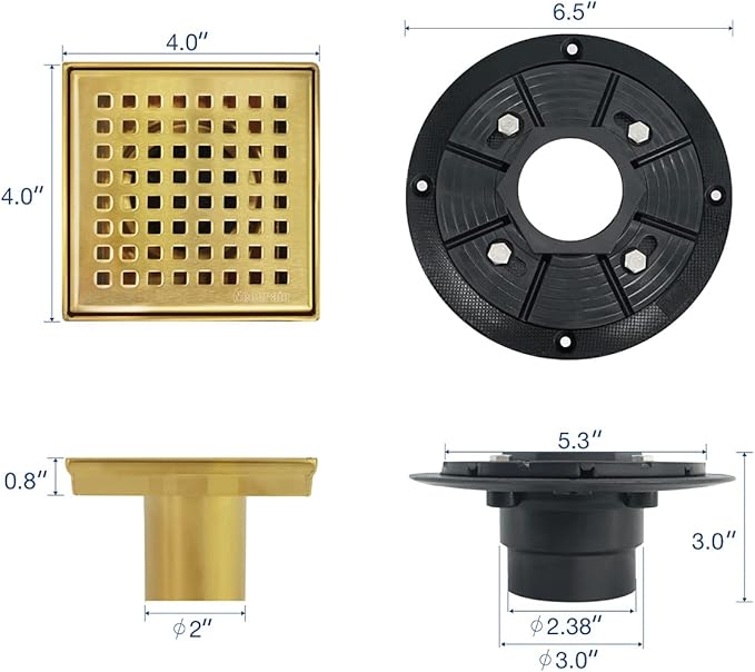 Neodrain 4 in Brushed Gold Square Shower Drain with Removable Quadrato Pattern Grate, PVC Shower Drain Base and Rubber Gasket, Golden 4" Shower Drainage,CUPC Certified, Hair Strainer