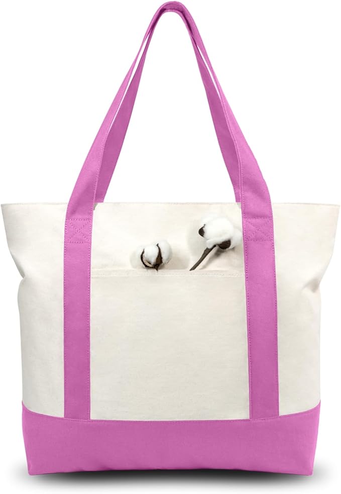 TOPDesign 3-Pack Canvas Tote Bags with an External Pocket, Reusable Grocery Shopping Bags, Top Zipper Closure, Daily Essentials (Light Purple/Natural)