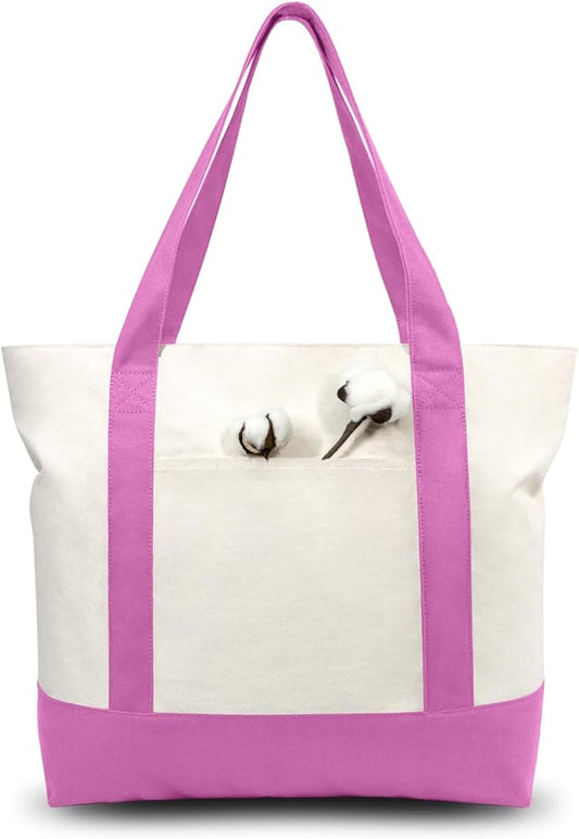 TOPDesign 3-Pack Canvas Tote Bags with an External Pocket, Reusable Grocery Shopping Bags, Top Zipper Closure, Daily Essentials (Light Purple/Natural)