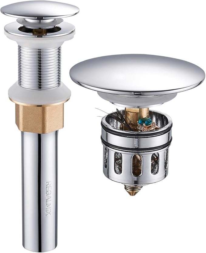 Bathroom Sink Drain, Vessel Sink Pop Up Drain with Detachable Basket Stopper, Anti-Explosion and Anti-Clogging Drain Strainer, Sink Drain Assembly Without Overflow Polished Chrome, REGALMIX RWF082A