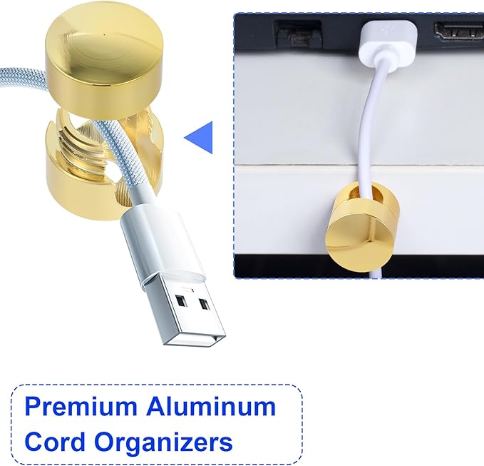 10 Sets Charger Holders for Cords, Gold Adjustable Cable Anchor Holders, Adhesive Metal Cord Clips, Cable Management Wire Organizers for Desk, Office, Nightstand