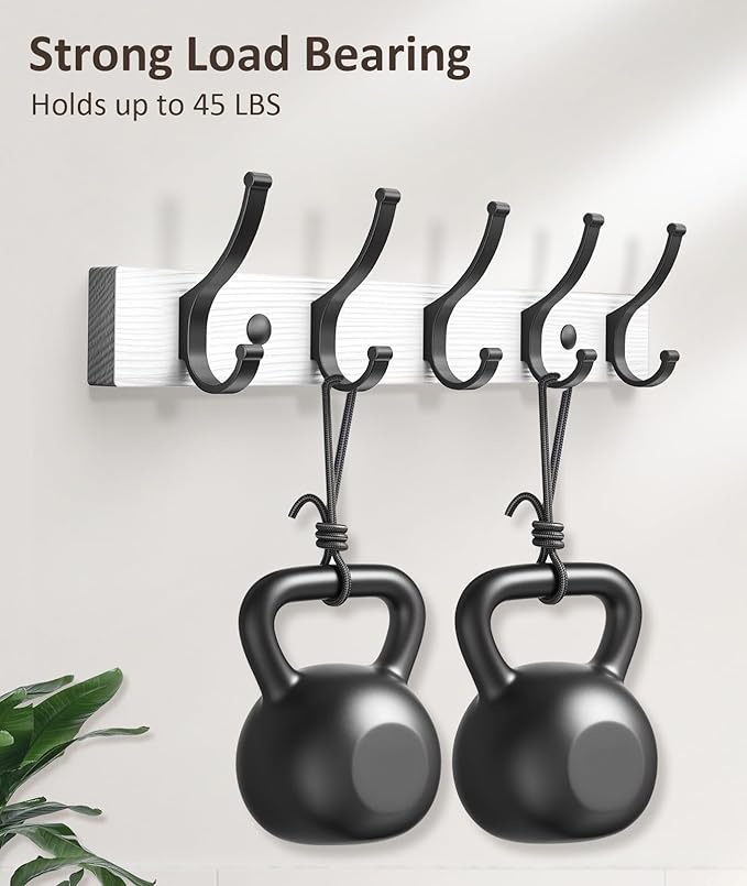 Coat Rack Wall Mount, 16.5 Inches Wood Coat Hooks Wall Mount, Wall Coat Rack with 5 Hooks, Hat Rack Wall Hooks for Hanging Coat, Bag, Towel (2Pack, White)