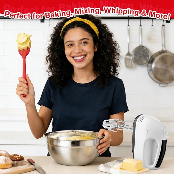 Showvigor Electric Hand Mixer with Stainless Steel Mixing Bowl Set –7 Speeds Turbo-Boost Hand Mixer with Large Mixing Bowls, Measuring Cups, Spoons & Silicone Spatula for Kitchen Cakes Eggs Baking