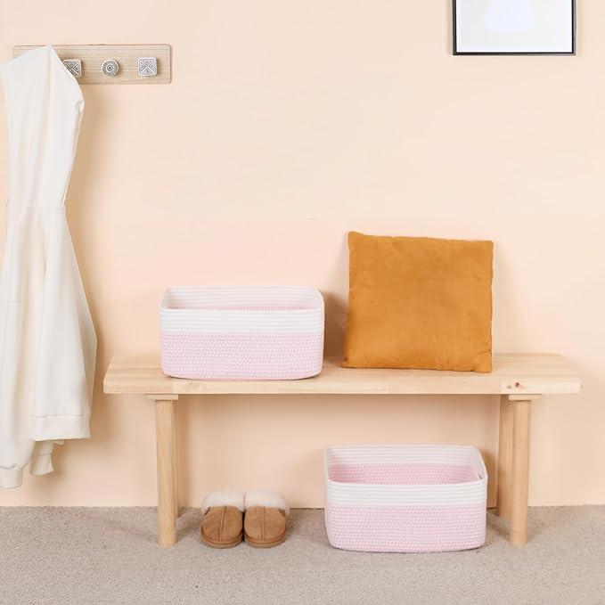 MiniArk Large Storage Baskets for Organizing, Closet Shelf Baskets for Clothes Blanket Towels, Baby Nursery, Toy Bins Box, Woven Rope Baskets, 17 x 13 x 7.5”, 4 Packs Woven Pink