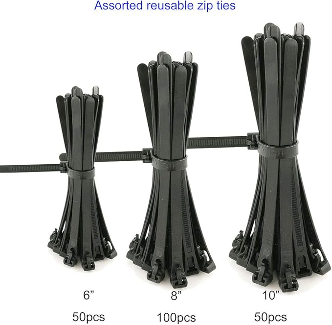 HS Reusable Zip Ties Assorted 6 8 10 Inch (200 Pack) Releasable Nylon Cable Zip Ties 50 Lbs Tensile Strength, Thick Reusable Wire Ties Outdoor Indoor Purpose
