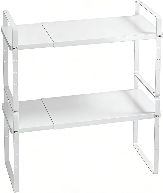 KIKIBRO Expandable Cabinet Shelf Organizer, Stackable Kitchen Pantry Counter Storage, Adjustable Closet Cupboard Stand Rack Risers, Spice Organization, 80LBS Heavy Duty, White, Large, 2 Pack