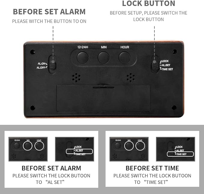 everwood Wooden Large Digital Alarm Clocks for Bedrooms with Large Number Display LCD Snooze Function, Battery Backup Operated