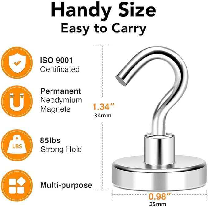 MIKEDE Magnetic Hooks, 85LB+ Heavy Duty Magnetic Hooks for Cruises with Epoxy Coating for Refrigerator, Strong Magnet Hooks for Tool Rooms, Magnetic Metal Hooks for Grills - 8 Pack