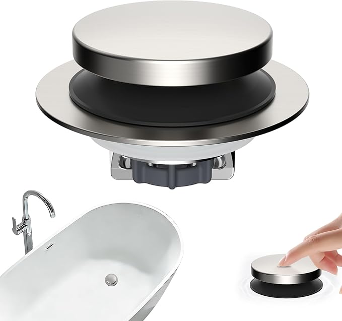 Hibbent 3 in 1 Metal Bathtub Drain Stopper, Universal Pop Up Tub Stopper, Bathtub Drain Hair Catcher, Removable Filter Basket, Drain Plug for 1.5''~2.4'' Drain, Brass Bullet Core, Brushed Nickel