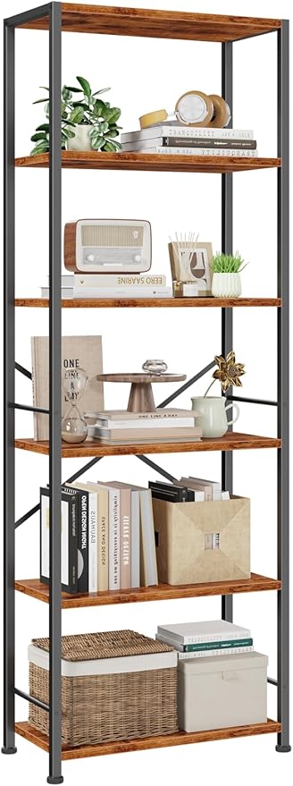 Furologee 6 Tier Book Shelf, Tall Wide Bookshelf, Industrial Open Bookcase, Display Shelves Storage Organizer, Shelving Unit for Living Room, Home Office, Bedroom, Rustic Brown