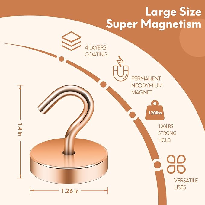 Neosmuk Magnetic Hooks, Cruise Ship Essentials, 120lb+ Heavy Duty Magnetic Hooks for Cruise Cabins, Refrigerator, Grill, Hanging, and Travel | Extra Strong Must-Have Magnet Hook, Bronze