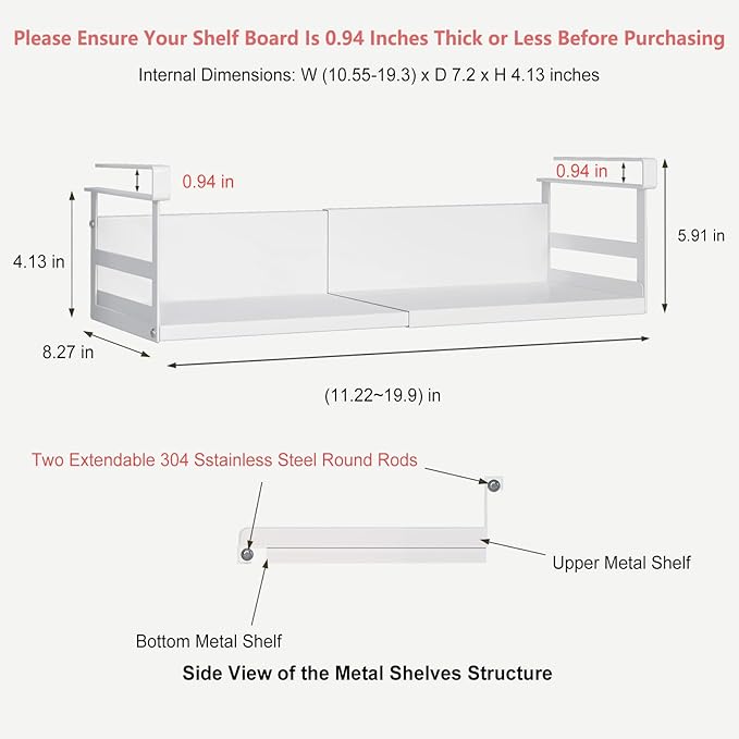 SHINEWON Expandable Under Cabinet Shelf Organizer with 0.94-Inch Thick Clips, Heavy Duty Extendable Under Shelf Storage Basket for Pantry or Laundry Room, White, 1 Pack, Interior: 4.13" H x 7.2" D