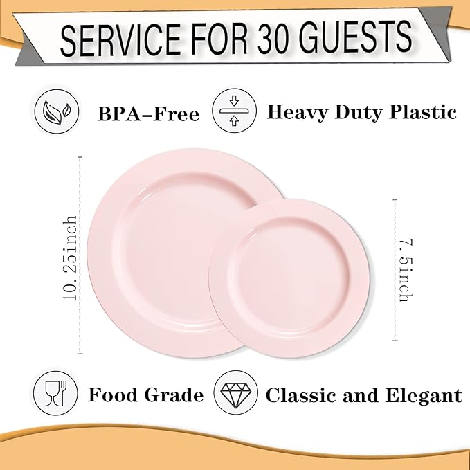 FLOWERCAT 60PCS Pink Plastic Plates - Heavy Duty Pink Disposable Plates for Easter Party & Valentine's Day/Wedding - Serving 30 Guests, Includes 30PCS 10.25inch & 30PCS 7.5inch