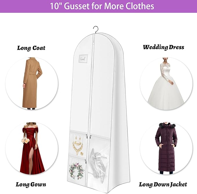 72" Wedding Dress Garment Bag Dress Bags for Gowns Bridal Dress with 10" Gusseted and Accessory Pockets for Travel Hanging Clothes or Storage Preservation