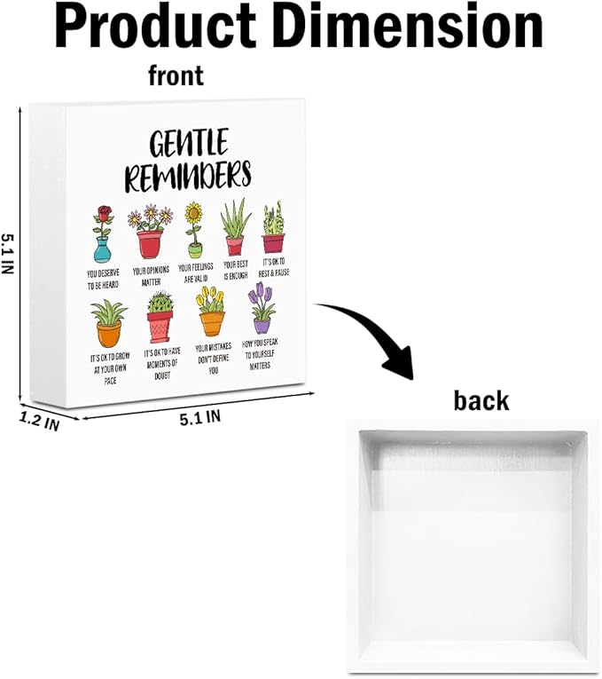 Gentle Reminders Decor Wooden Box Sign, Positive Affirmations Art Decorations, Inspirational Gifts for Women Friend Besties, Rustic Home Therapy Counselling Office Table Decor Wood Block Plaque