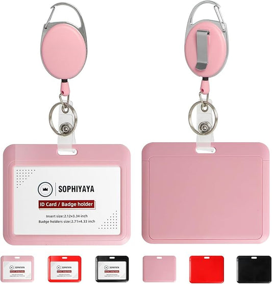 ID Badge Holder with Clip Badge Reels Retractable Heavy Duty Id Card with Carabiner Badge Reel with 24 inches Pull Cord for Office, School, Factory, Teacher (Pink, Horizontal)