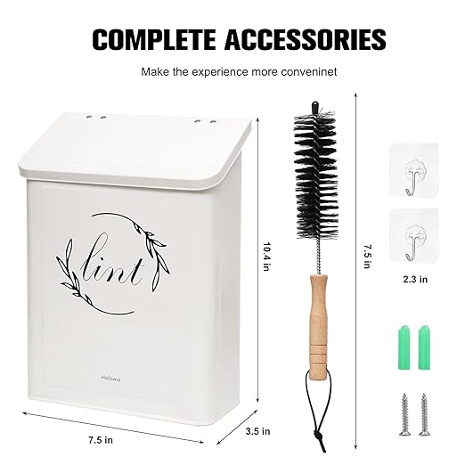 Magnetic Lint Bin for Laundry Room, Metal Lint Trash Can with Lid for Dryer, Wall Mounted Lint Holder Box with Lint Brush, Modern Farmhouse Laundry Room Decor, Cream