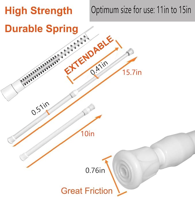 2 Pack Small Tension Rods 10 in to 15.7 Curtain Rods Window Rods in Extendable Width Spring Cupboard Bars for Kitchen Utensils, Closet, and Cabinet, Fit in The Spaces to Stay Up